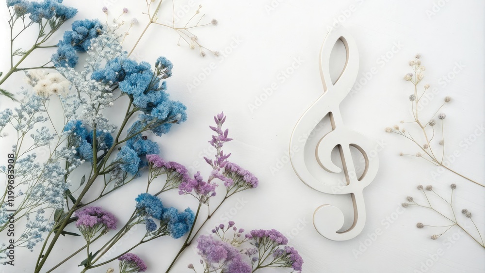 A stylized illustration of a white treble clef surrounded by delicate floral patterns in shades of blue and purple, music symbol, abstract design, floral pattern