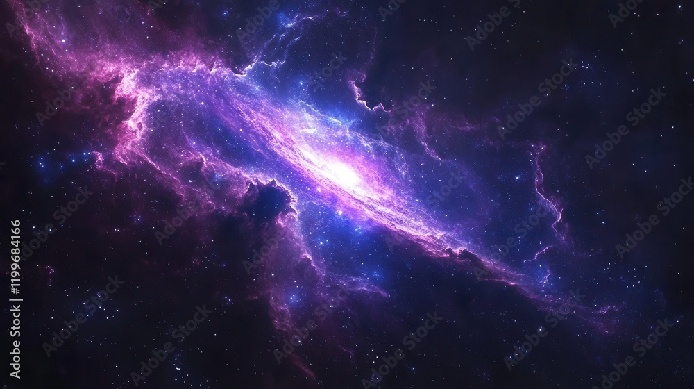 Obraz premium A stunning cosmic scene featuring a vibrant galaxy with shades of purple and blue, surrounded by twinkling stars in a vast, dark universe.