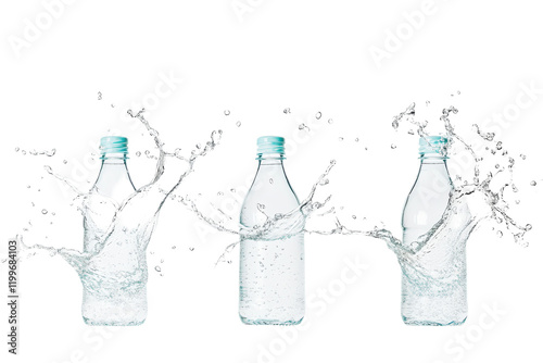Refreshing Splash: Three glass bottles of water, captured in a dynamic motion with splashing water, create a vibrant and refreshing image.