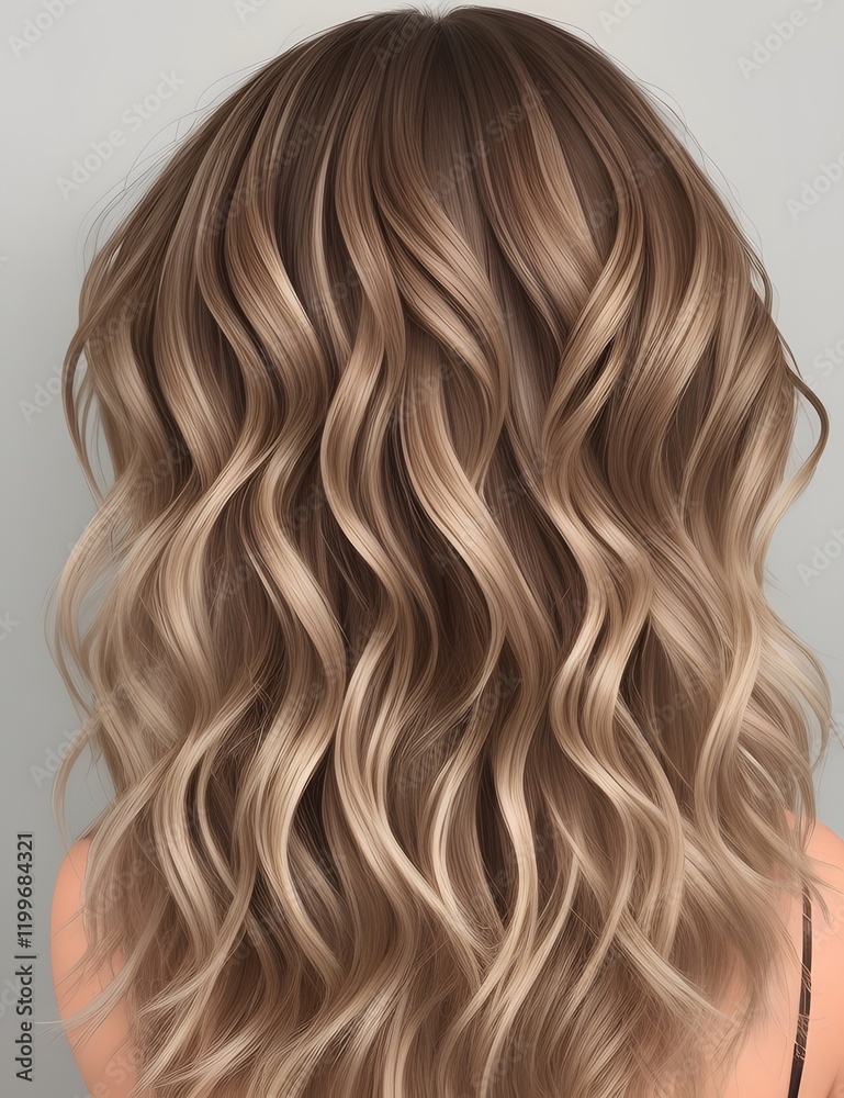 Naklejka premium Beautiful wavy hairstyle featuring balayage technique in warm caramel tones styled elegantly from behind