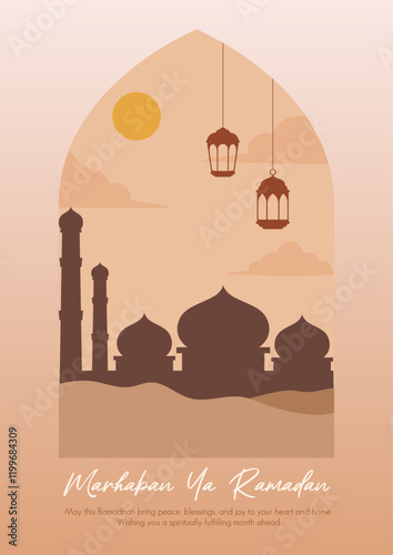 Marhaban ya Ramadan greeting card with mosque, lantern and desert in boho style. Vector illustration ramadan for greeting card, poster and banner.