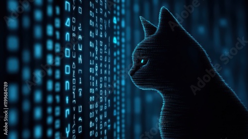 A cat is looking at a computer screen with a lot of numbers on it