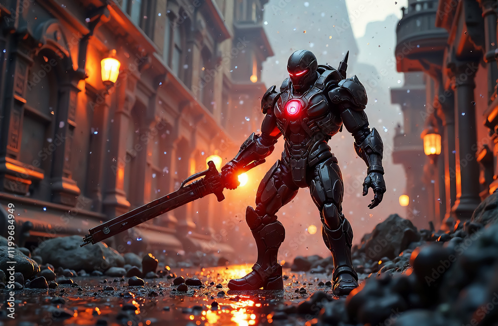 A robot man stands with a sword in a city, a fictional futuristic space world, with moons and city views. A robot man stands with a sword in a city, a fictional futuristic space world, with moons and city views.