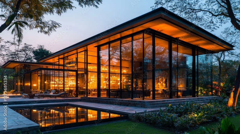 Obraz premium Modern Glass House with Warm Ambient Lighting