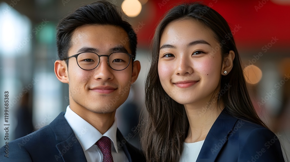 Two smiling young Asian professionals standing confidently together in a corporate office setting showcasing a diverse and successful business team Two smiling young Asian professionals standing confidently together in a corporate office setting showcasing a diverse and successful business team