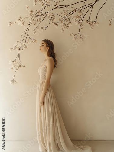 Wallpaper Mural A beautiful woman in an elegant dress stands against the wall, a full-length portrait in a studio setting with soft lighting. Torontodigital.ca