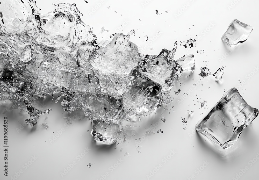 Dynamic Splash of Ice Cubes with Water Droplets on White Background Capturing Refreshing and Invigorating Essence of Chilled Beverages and Summer Moments Dynamic Splash of Ice Cubes with Water Droplets on White Background Capturing Refreshing and Invigorating Essence of Chilled Beverages and Summer Moments