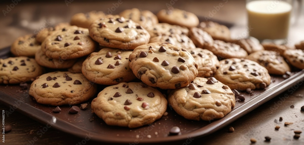 A tray of sweetly scented cookies smothered in a rich layer of milk chocolate chips , baked, cookie A tray of sweetly scented cookies smothered in a rich layer of milk chocolate chips , baked, cookie