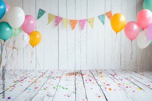 Festive birthday party background with balloons, bunting, and confetti on white wooden floor.
