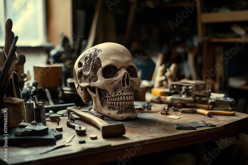 A realistic skull sits on a cluttered wooden workbench filled with tools and various crafting materials. The warm lighting and rustic atmosphere give the scene a mysterious, vintage, and slightly eeri photo