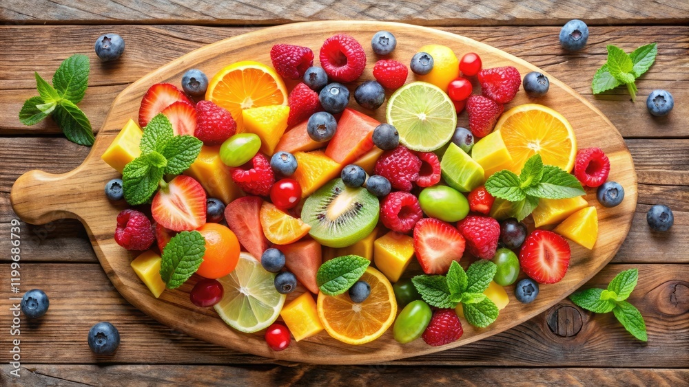 A vibrant fruit salad with an assortment of colorful fruits arranged on a wooden cutting board, summer salad, plant-based food, outdoor market
