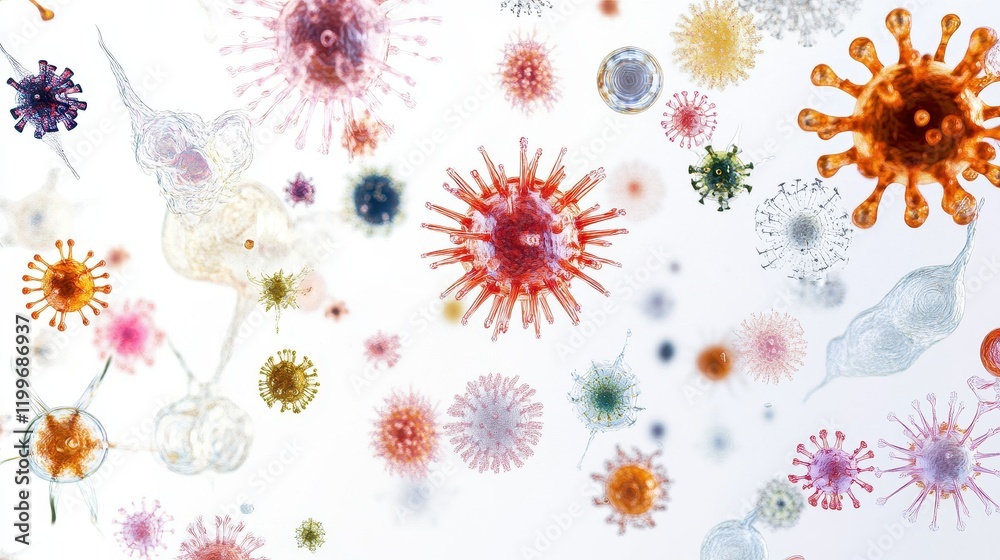 Obraz premium A surreal representation of viruses, floating in dreamlike compositions, isolated on white background