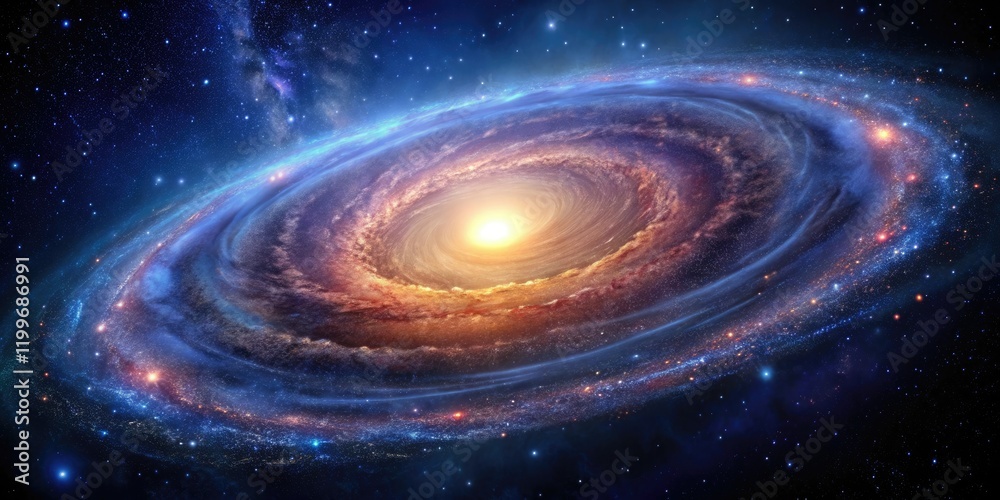 A vibrant spiral galaxy with numerous stars and a bright central bulge, astronomical, galaxy cluster A vibrant spiral galaxy with numerous stars and a bright central bulge, astronomical, galaxy cluster