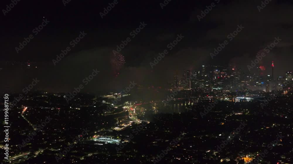 Aerial Drone view of Sydney Harbour Bridge NYE New Years Eve fireworks, colourful fire works lighting the night skies with vivid multi colours Sydney NSW Australia Aerial Drone view of Sydney Harbour Bridge NYE New Years Eve fireworks, colourful fire works lighting the night skies with vivid multi colours Sydney NSW Australia