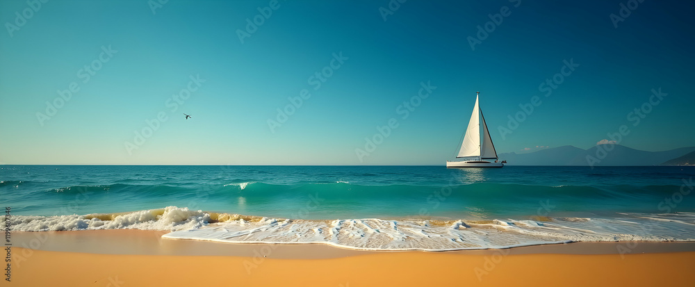 Obraz premium Serene sailboat glides across turquoise waters, a tranquil beach scene unfolds before a distant mountain range. Waves gently caress the golden sand, creating a picturesque summer escape.