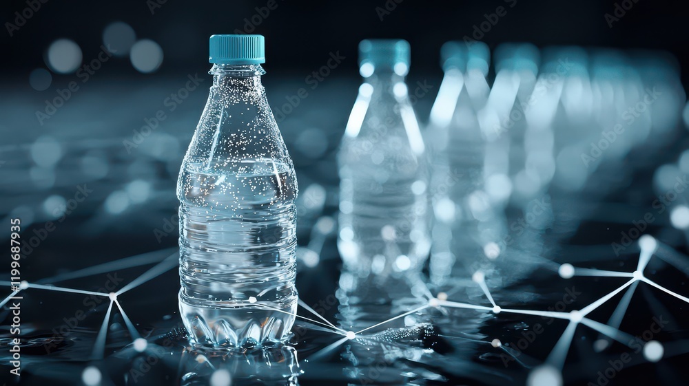 Close-up of sports drink bottle with a liquid metal effect, surrounded by digital energy patterns, high contrast, futuristic. Close-up of sports drink bottle with a liquid metal effect, surrounded by digital energy patterns, high contrast, futuristic.