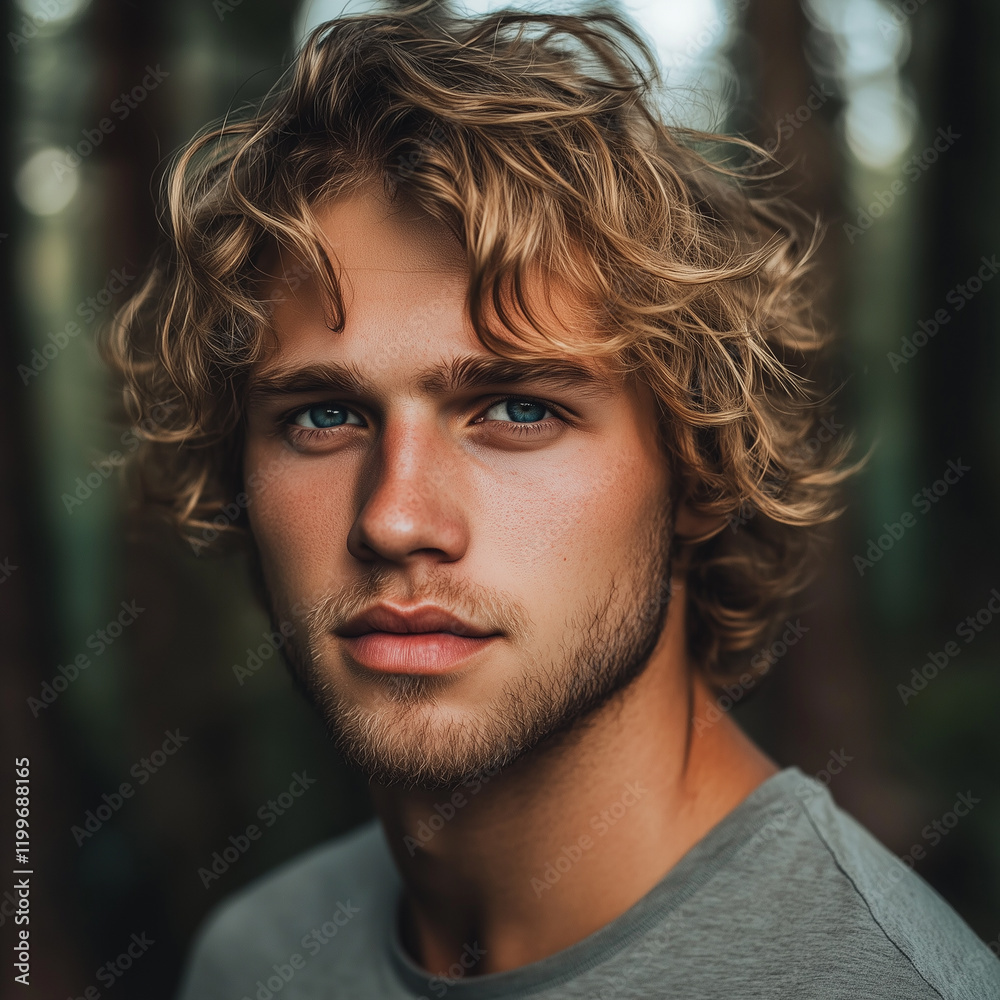 Portrait of a handsome man with blonde, curly hair and blue eyes, photographed outdoors in natural lighting. Portrait of a handsome man with blonde, curly hair and blue eyes, photographed outdoors in natural lighting.