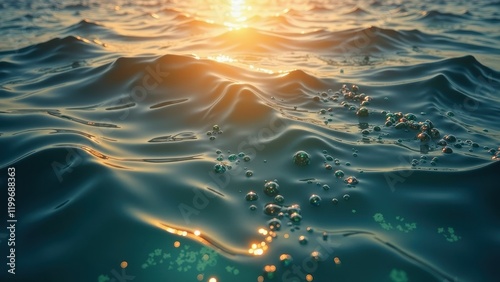 A serene sunset graces the horizon, casting golden hues as it dips into the deep blue waters. Bubbles dance atop the reflective surface, enhancing the tranquil ambiance photo