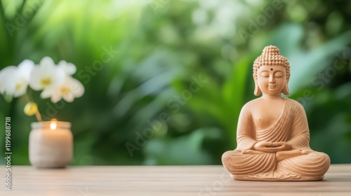 A wooden statue of a Buddha is sitting on a table with a candle in front of it