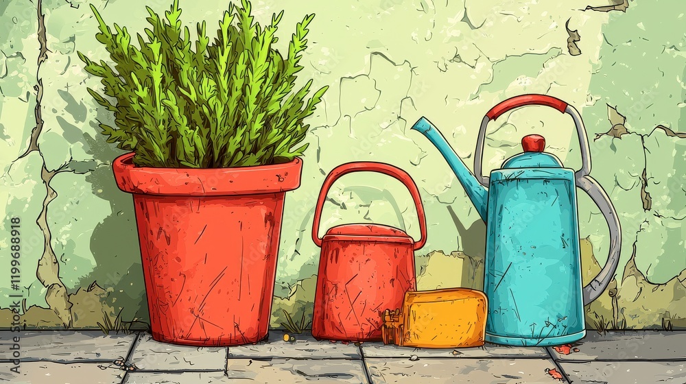 Vibrant Garden Tools and Potted Plant Against Textured Wall Vibrant Garden Tools and Potted Plant Against Textured Wall