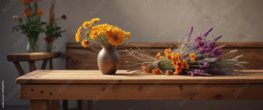 A wooden bench with a unique vase of dried flowers placed on the armrest, charm, flowers, arrangement