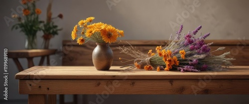 Wallpaper Mural A wooden bench with a unique vase of dried flowers placed on the armrest, charm, flowers, arrangement Torontodigital.ca