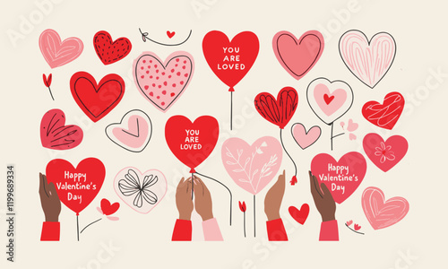 Modern vector-style illustration inspired by Valentine's Day, Valentine's Day card with cute hearts icon symbol, easily editable.