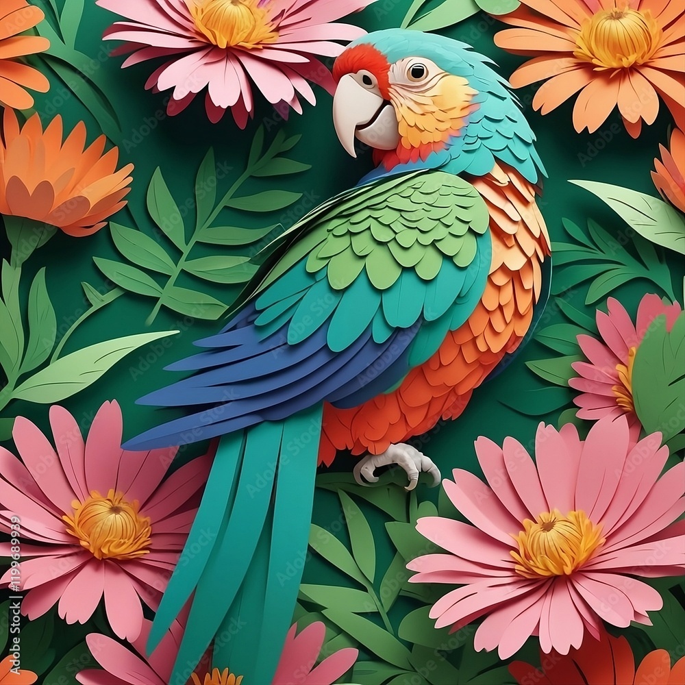 Fototapeta premium Kirigami style with beautiful parrot and colorful flowers.