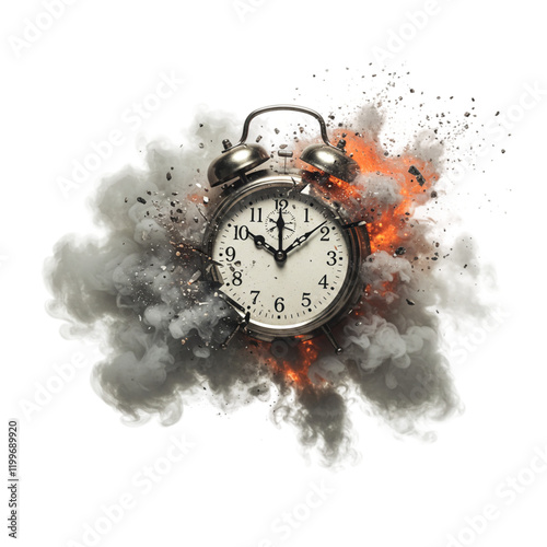 Exploding Alarm Clock Time Bomb Dramatic Concept Image Design art fire smoke metal power chaos      