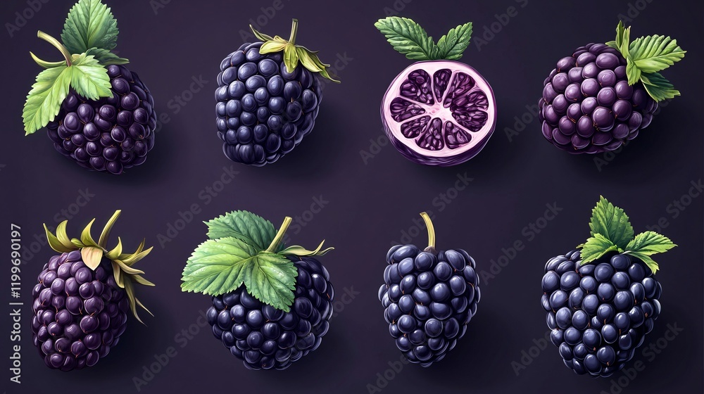 Set of 12 realistic blackberry illustrations in various poses: whole, halved, sliced, and with leaves, perfect for vibrant food design. Set of 12 realistic blackberry illustrations in various poses: whole, halved, sliced, and with leaves, perfect for vibrant food design.