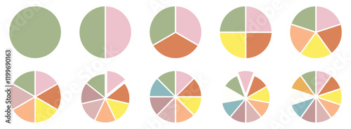 Set of Pie chart color wheel of business report infographic. Colorful Circle section graph and segment. 2,3,4,5,6,7,8,9,10,11,12 slice steps process cycle. Progress sector round diagram part symbol.