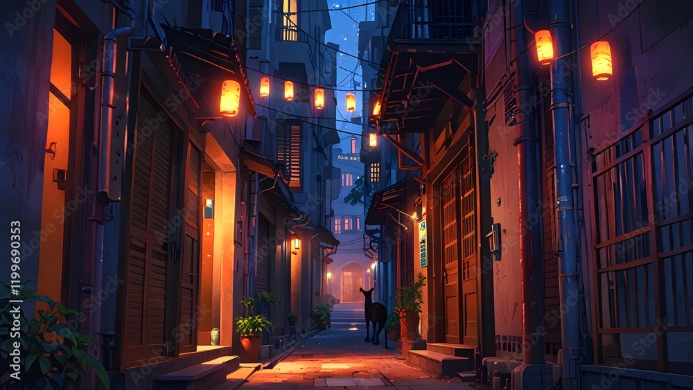 Fototapeta premium Cozy Urban Street Illuminated by Lantern Lights