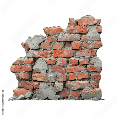 Textured Bricks Wall with Cracks and Damage Isolated on transparent background