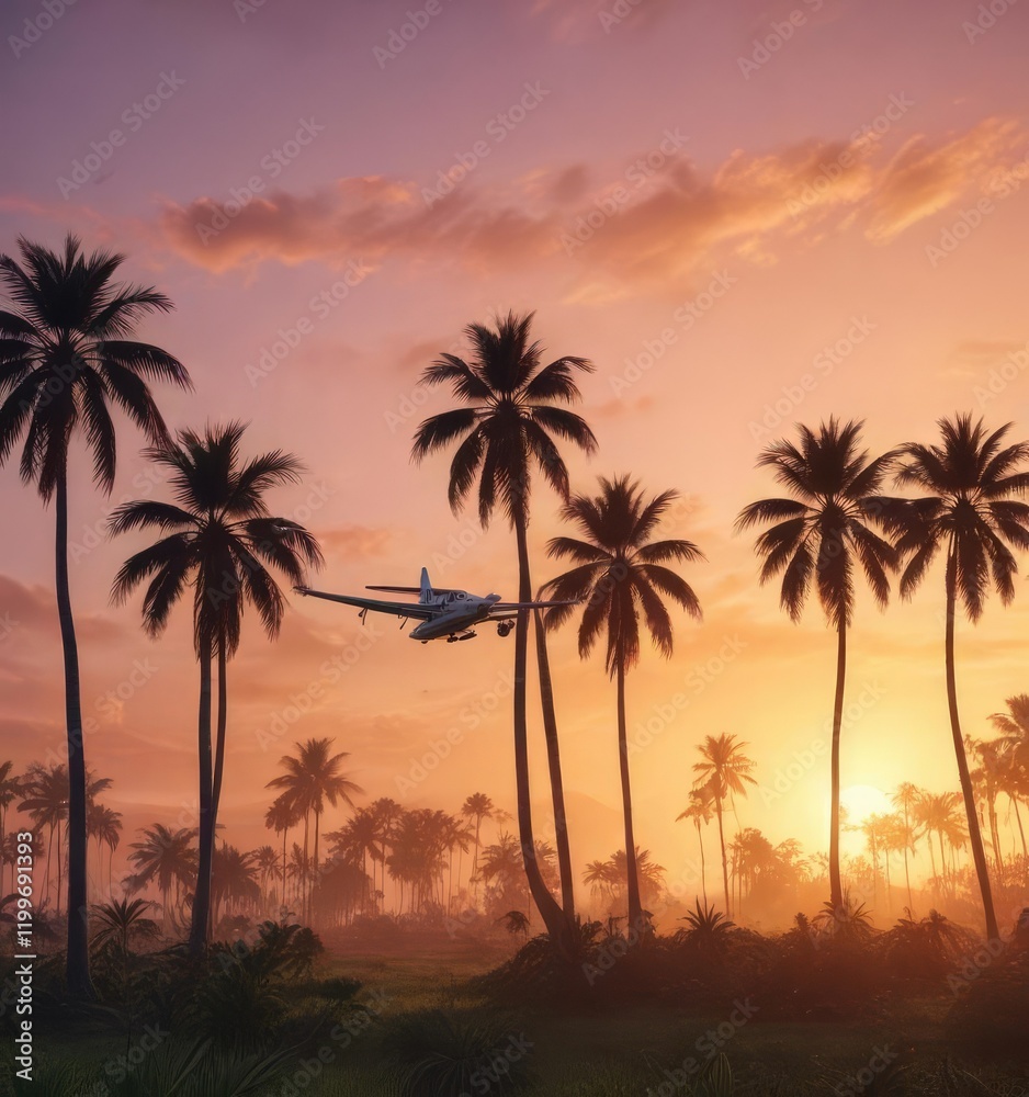 A small plane flying above a field of tall palm trees at dawn , sky, clouds A small plane flying above a field of tall palm trees at dawn , sky, clouds