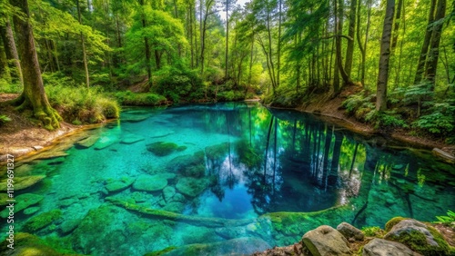 A small pool of turquoise water forms on the forest floor, background, leafy branches, fluid motion, liquid