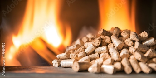 A close-up of wood pellets with a warm, glowing fire in the background. Concept Wood Pellets Details, Warm Fire Glow, Close-Up Photography, Cozy Atmosphere, Natural Fuel Source