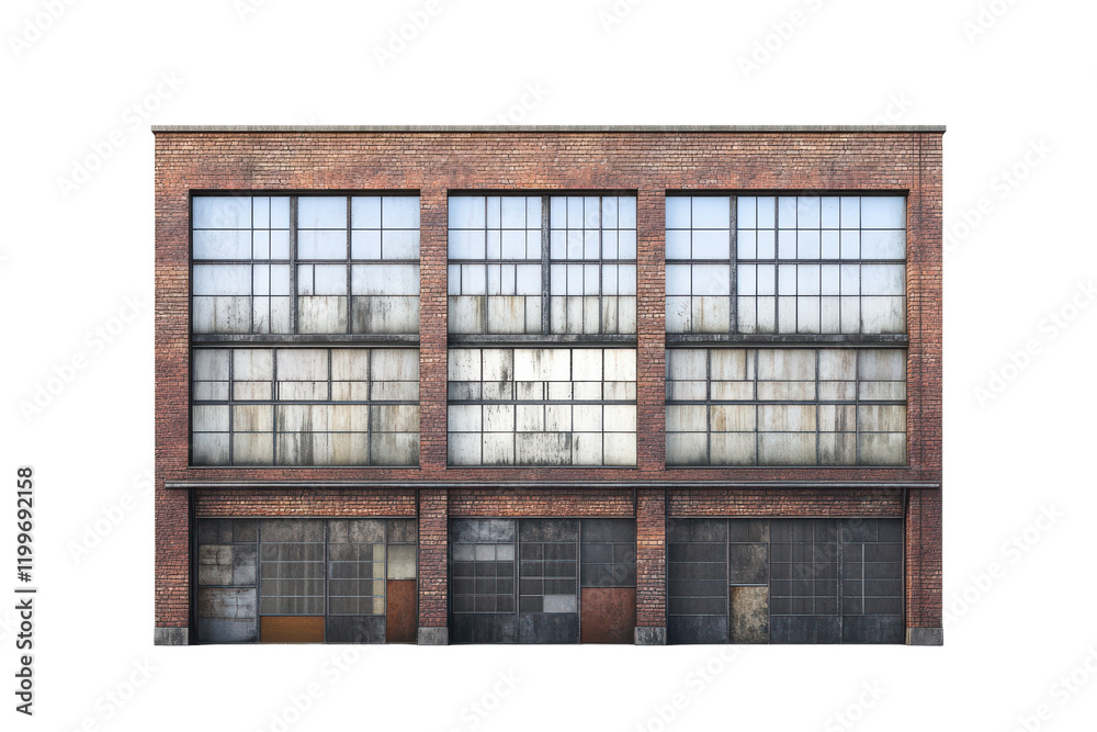 Old brick warehouse with large windows and weathered facade in an urban setting isolated on transparent background