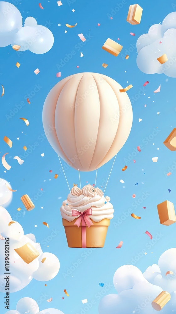 Naklejka premium Joyful celebration in a hot air balloon sky digital art whimsical environment aerial view festive concept