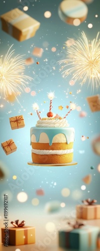 Colorful celebration with floating cake festive atmosphere party event whimsical environment joyful viewpoint delightful concept