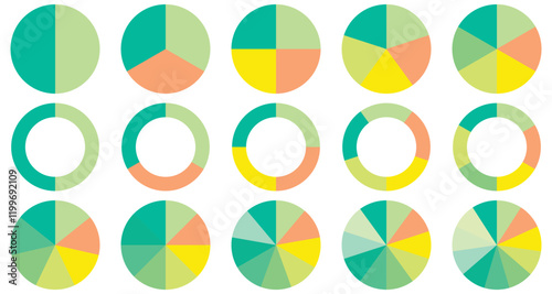 Set of Pie chart color wheel of business report infographic. Colorful Circle section graph and segment. 2,3,4,5,6,7,8,9,10,11,12 slice steps process cycle. Progress sector round diagram part symbol.