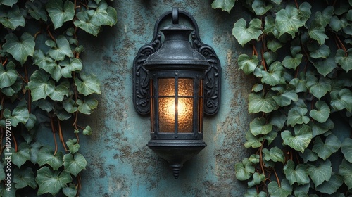 Glowing antique wall lantern mounted on a textured teal wall, surrounded by lush ivy.