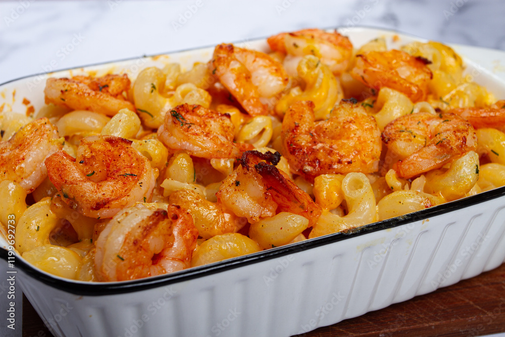 pasta with shrimp and cheese, with a golden crust, cooked in a baking dish, homemade, no people, pasta with shrimp and cheese, with a golden crust, cooked in a baking dish, homemade, no people,