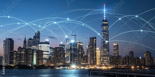 A network of pulsing energy veins crisscross the metropolis illuminating the night sky, futuristic cityscape, sci-fi atmosphere, neon lights