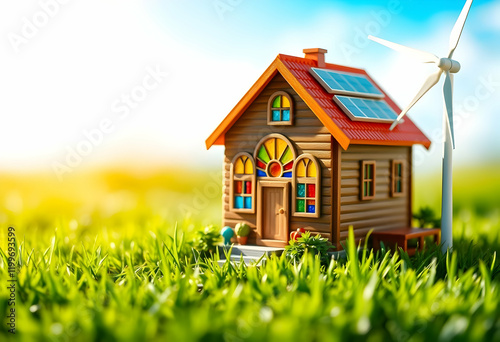 Tiny wooden house, solar panels on roof, colorful windows, grass field, wind turbine in background, vibrant colors, miniature scale, eco-friendly, sustainable living, fairy tale aesthetic, whimsical  photo