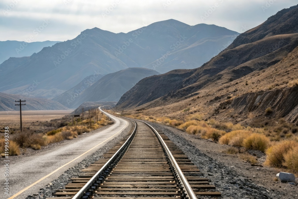 A long, straight track of rails vanishing into the distance along a winding mountain road, distance, way, mountain road A long, straight track of rails vanishing into the distance along a winding mountain road, distance, way, mountain road