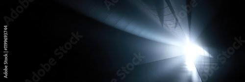 A long straight tunnel made of dark glass or acrylic with a bright blinding light at one end casting a stark contrast to the darkness that precedes it, tunnel, darkness photo