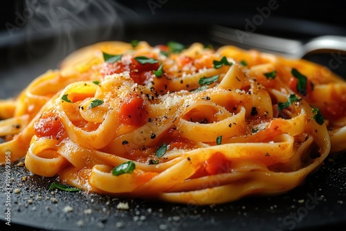 artfully twirled fettuccine glistening with rich tomato sauce fresh herbs scattered steam rising dramatic side lighting on polished silver fork macro photography photo