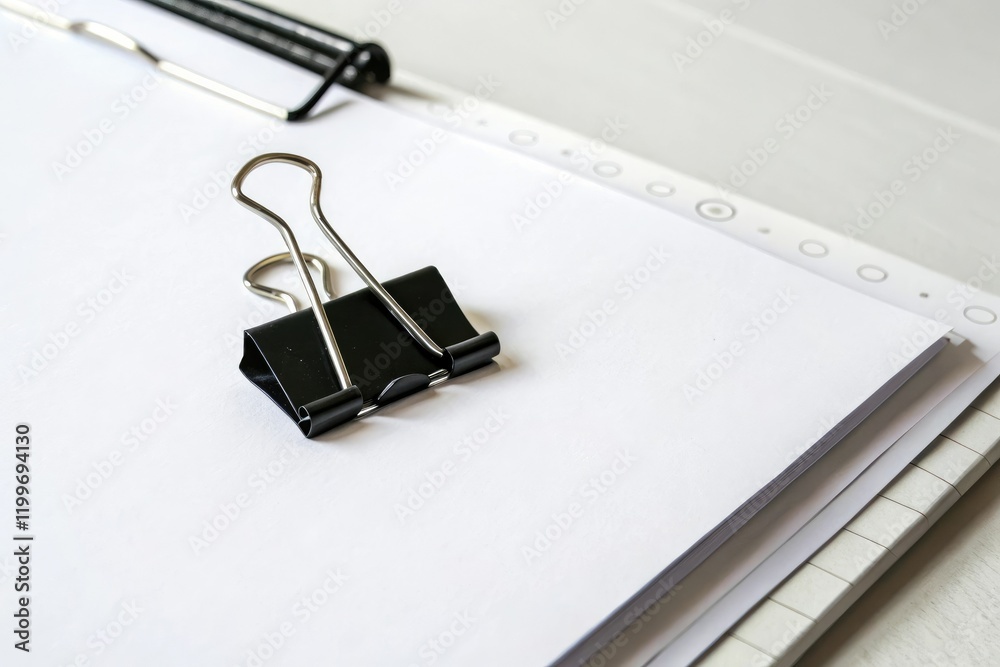 A lone black paper clip hangs from the edge of a white clipboard, desk item, hanging object, office supply, clipboard