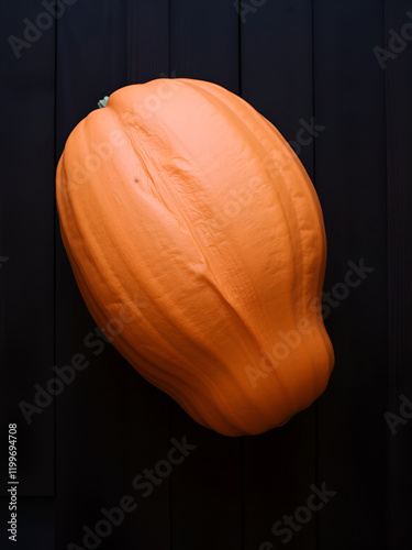 flattened orange pumpkin lies on a dark wooden background photo