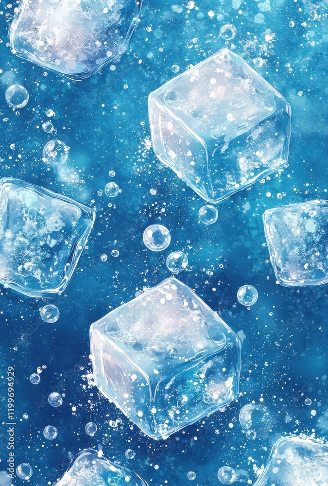 Ice Cubes Floating in Bubbles on a Blue Background, Perfect for Cool Drink Themes and Refreshing Beverage Illustrations, Ideal for Summer Designs Ice Cubes Floating in Bubbles on a Blue Background, Perfect for Cool Drink Themes and Refreshing Beverage Illustrations, Ideal for Summer Designs